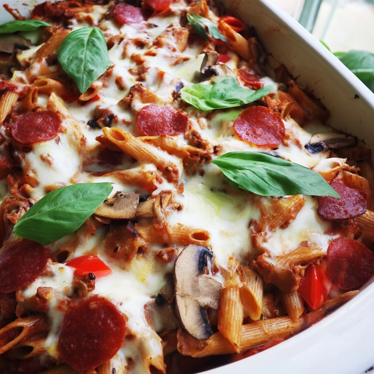 Steam rises from a High Protein Italian Beef and Pasta Bake in a 9x13 dish, dotted with turkey pepperoni and sprinkled with fresh basil.