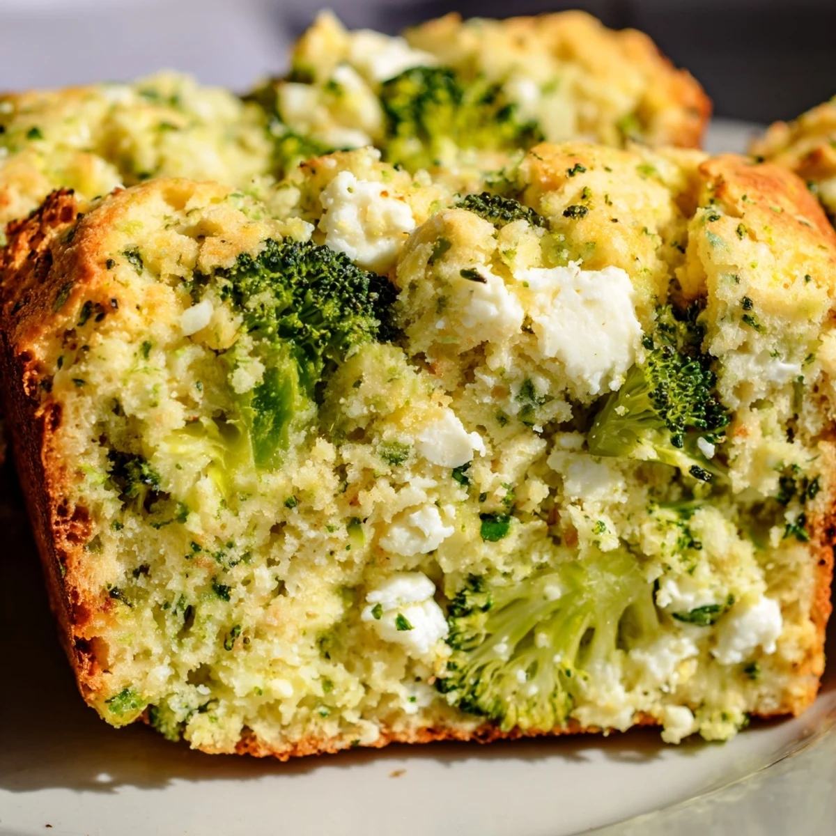 A freshly baked Broccoli and Feta Loaf, sliced to reveal tender green broccoli florets and creamy white feta cheese chunks inside the golden-brown crust.