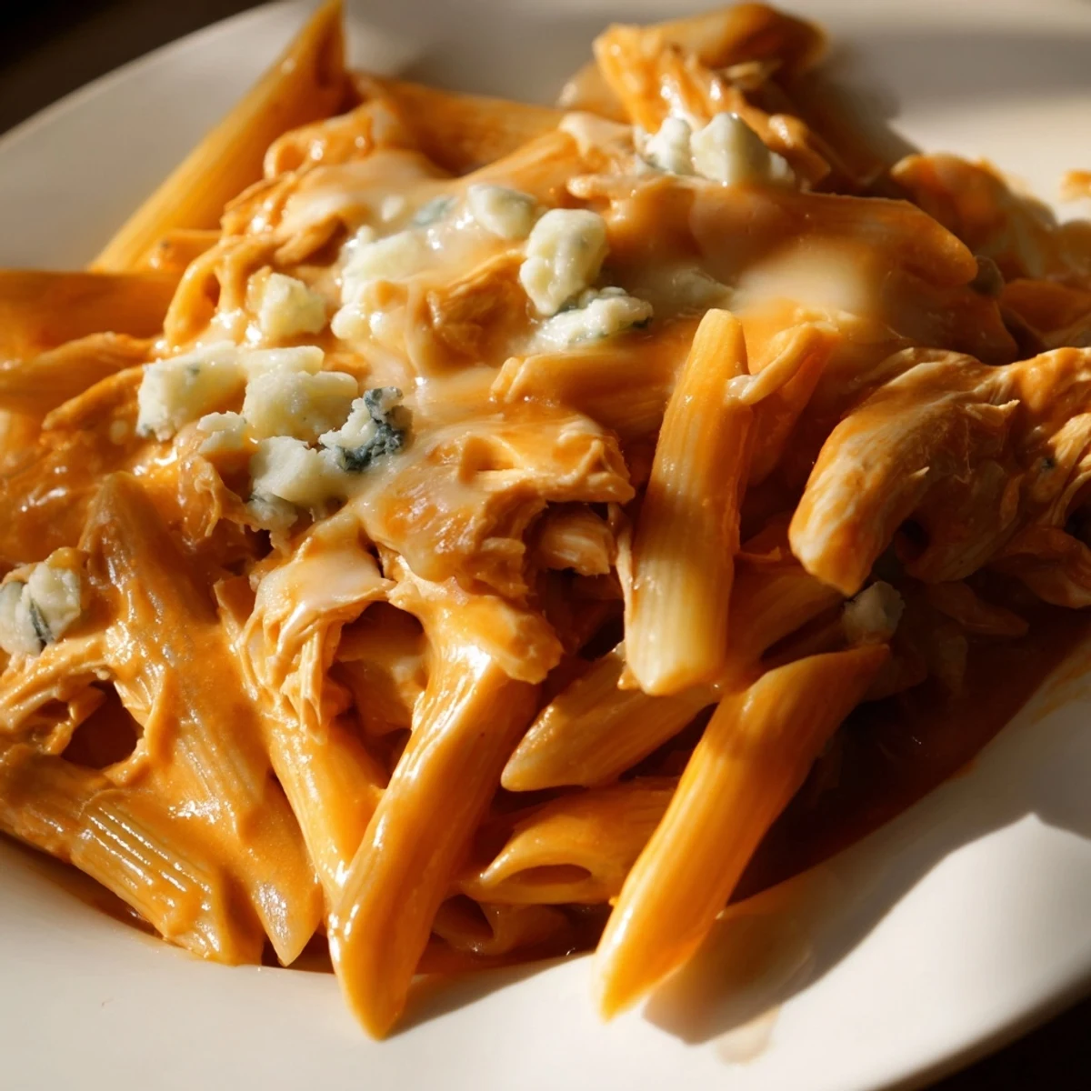 Creamy buffalo chicken pasta with shredded chicken tossed in spicy sauce and topped with blue cheese crumbles, served warm in a white bowl.  