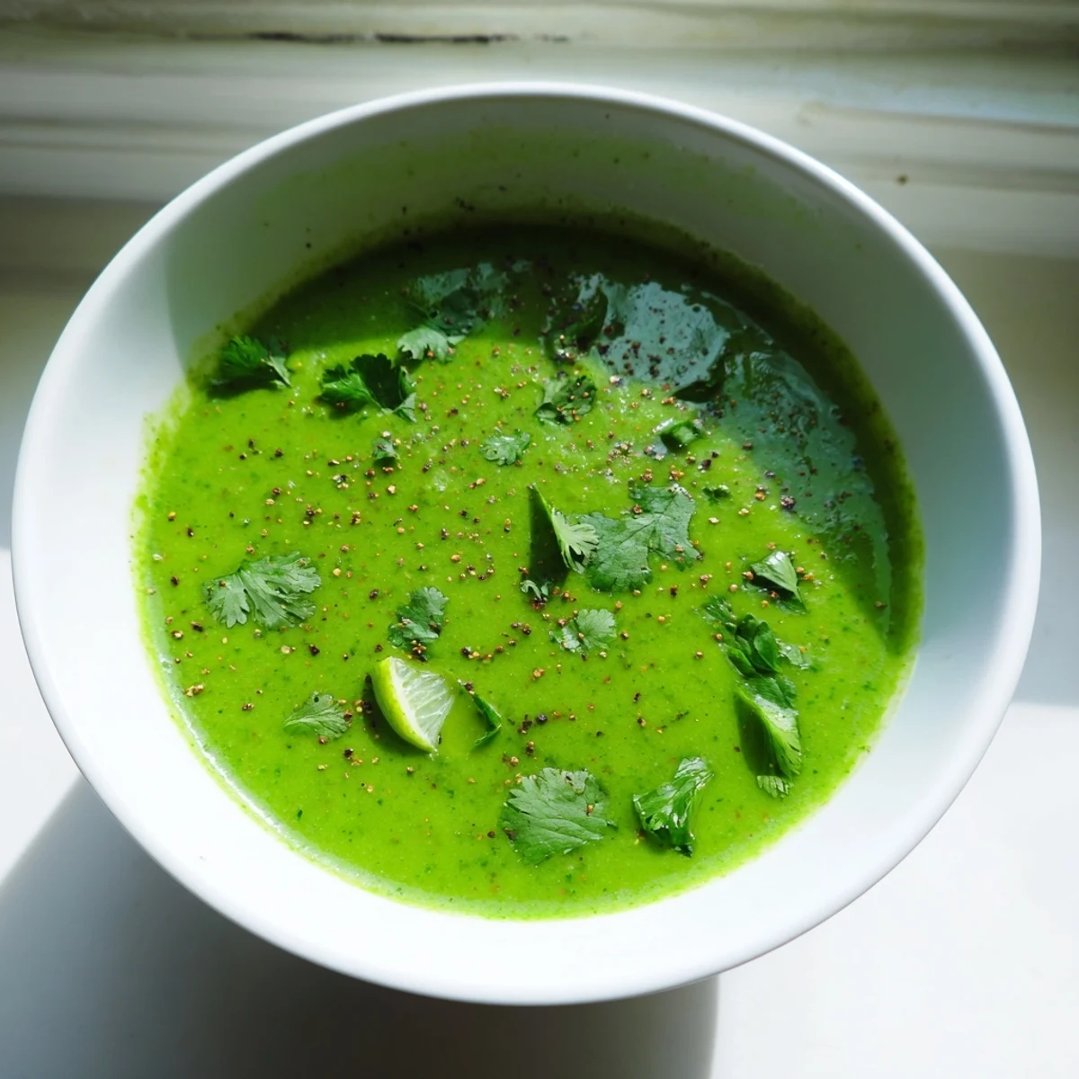 In a white ceramic bowl, the vibrant Spinach Coriander Lemongrass Soup shows a creamy, smooth texture with coconut milk.