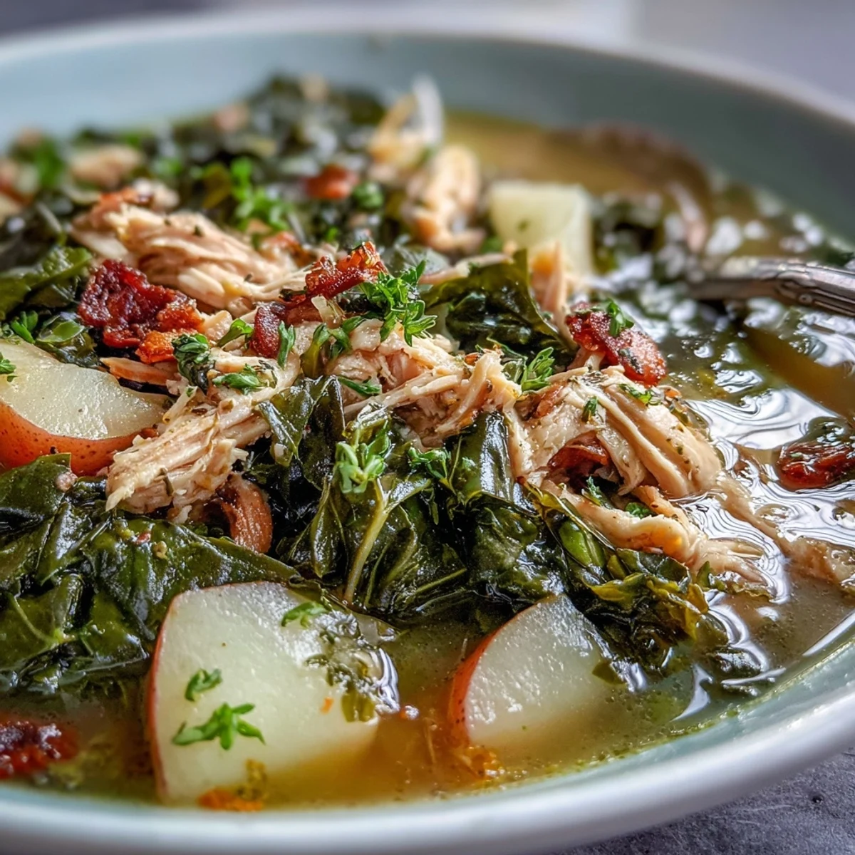 Hearty collard greens chicken soup, brimming with tender chicken and vibrant greens.