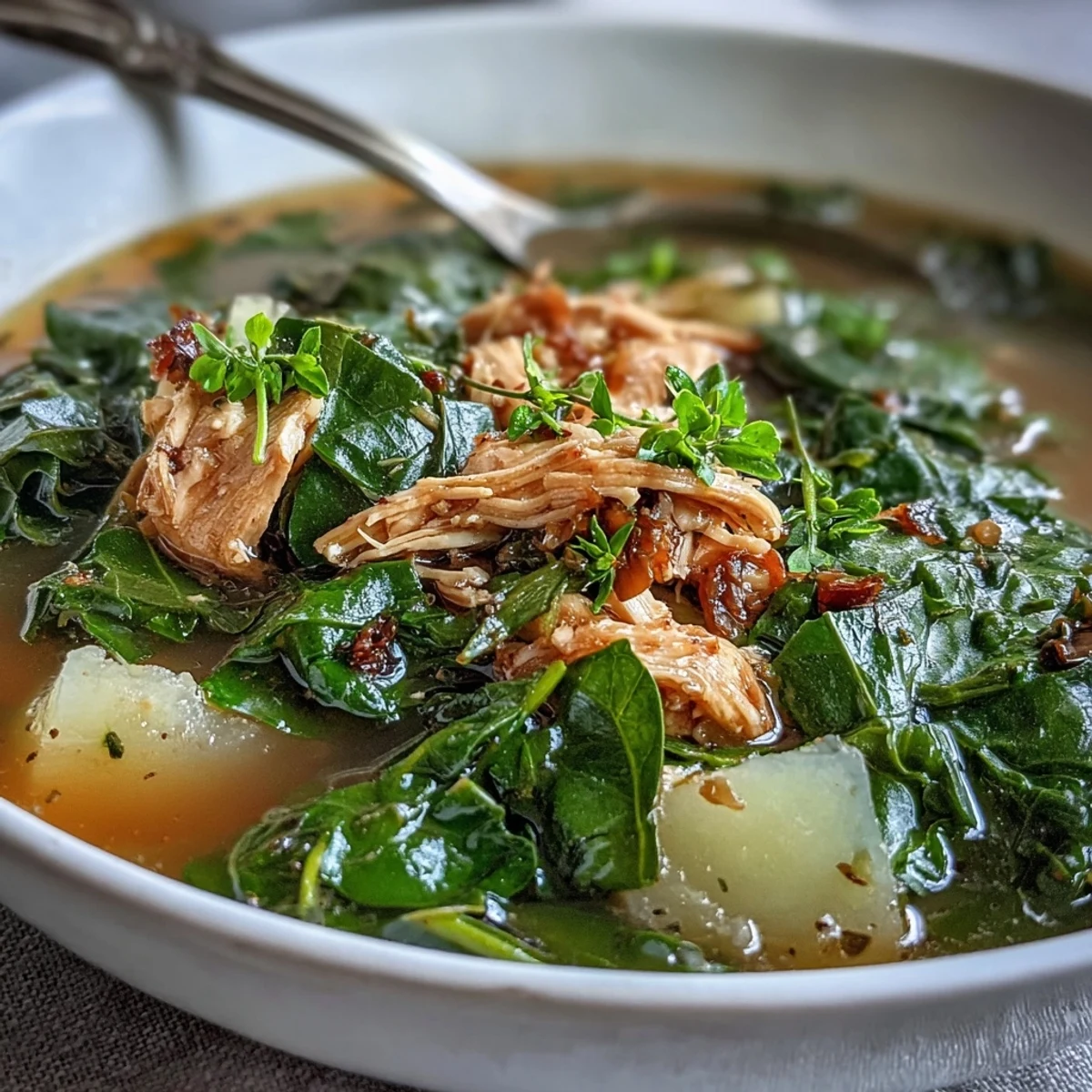 Savory collard greens soup with chicken, potatoes, a wholesome comforting meal.