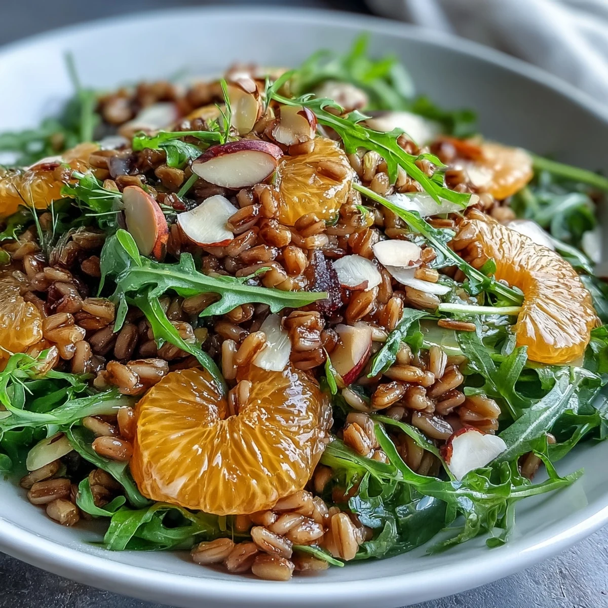Farro salad with fennel, oranges, and almonds, a bright, zesty dish.