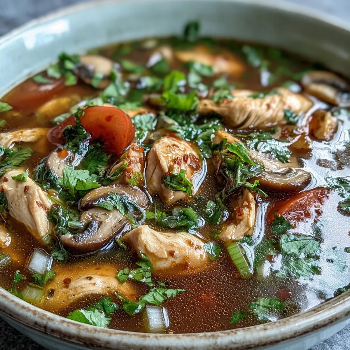 Steaming bowl of Tom Yum Chicken soup with tender chicken, mushrooms, and fresh herbs.