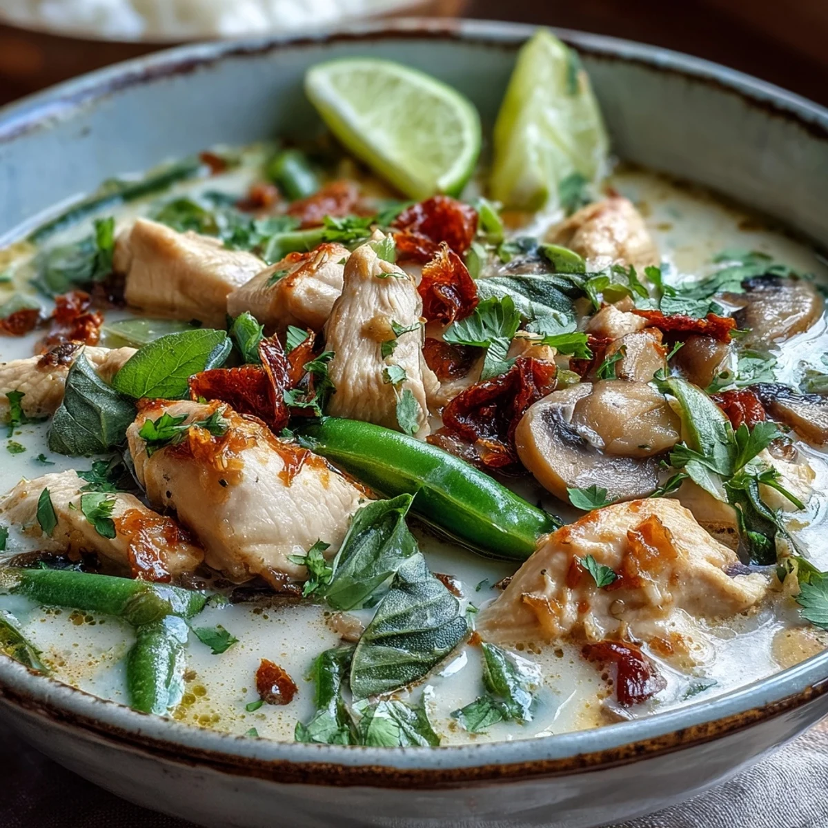 Creamy Thai Chicken Coconut Curry Soup with tender chicken and vibrant vegetables, garnished with cilantro and lime wedges.