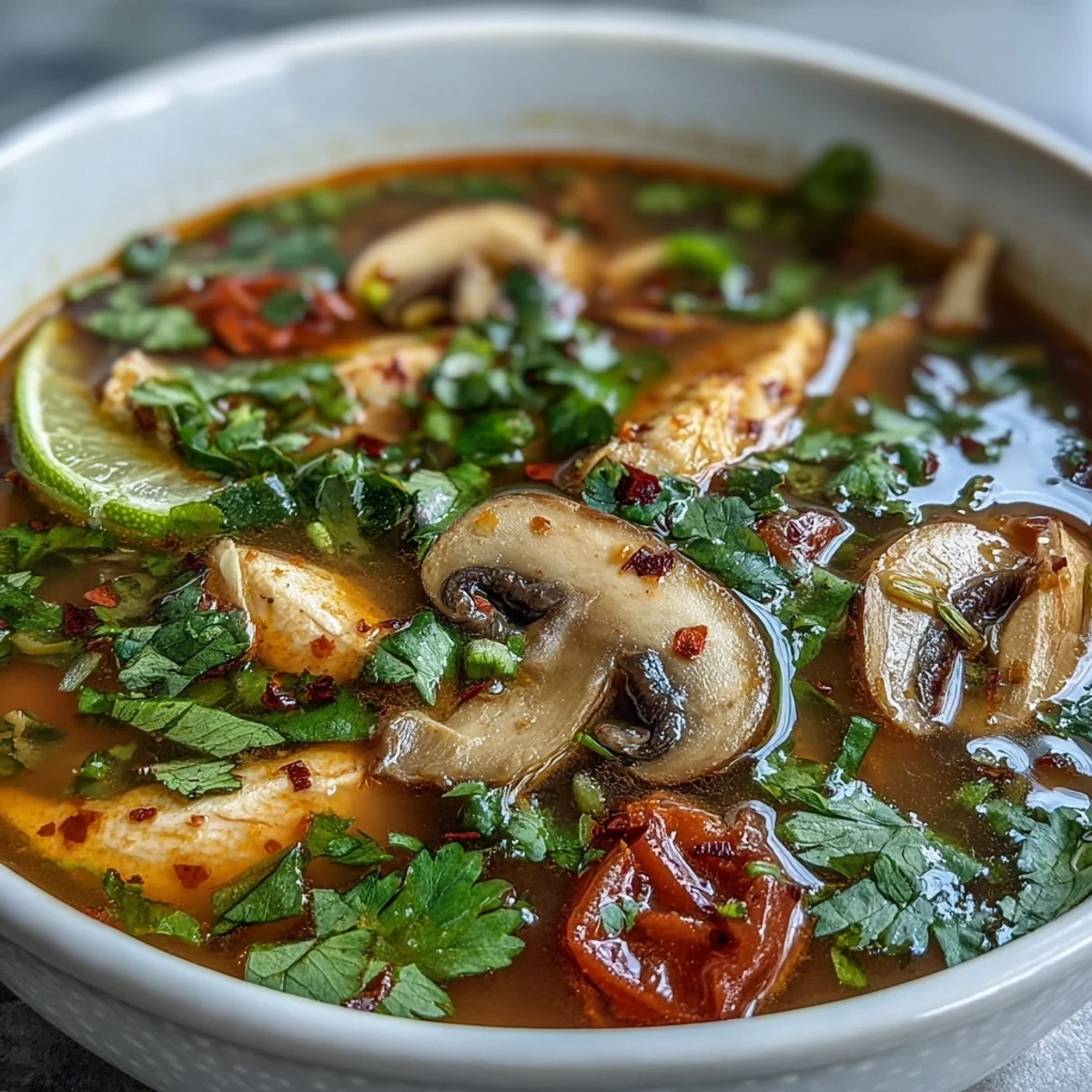 A steaming bowl of Tom Yum Gai features tender chicken, mushrooms, and vibrant tomato wedges floating in a golden, aromatic broth. 
