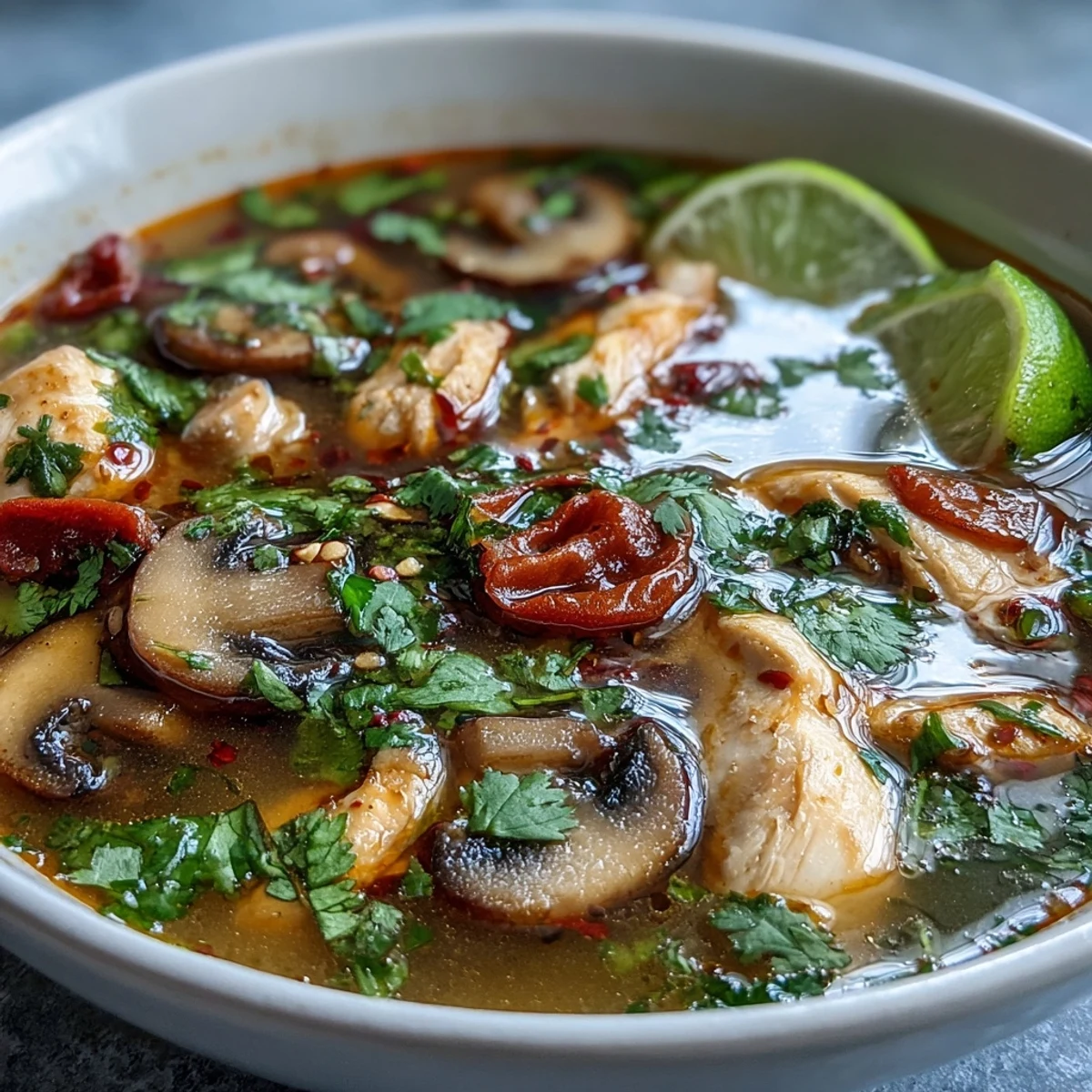 Garnished with fresh cilantro and lime wedges, this spicy-sour Tom Yum Gai offers a comforting and bold Thai meal. 