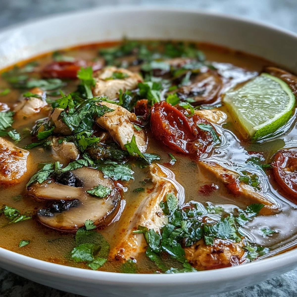 Steam rises from this authentic Tom Yum Gai, highlighting galangal and chiles in a rich, citrus-infused soup.
