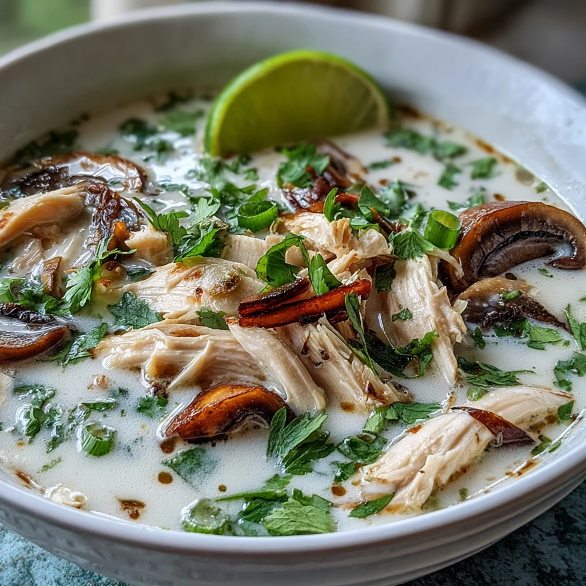 Golden Authentic Tom Kha Gai soup in a white bowl, featuring tender chicken slices and straw mushrooms swimming in creamy coconut milk.