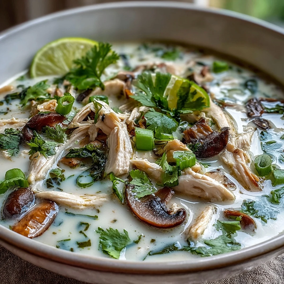 Close-up Authentic Tom Kha Gai broth with galangal slices and lemongrass, highlighting the rich coconut texture and vibrant herbs.