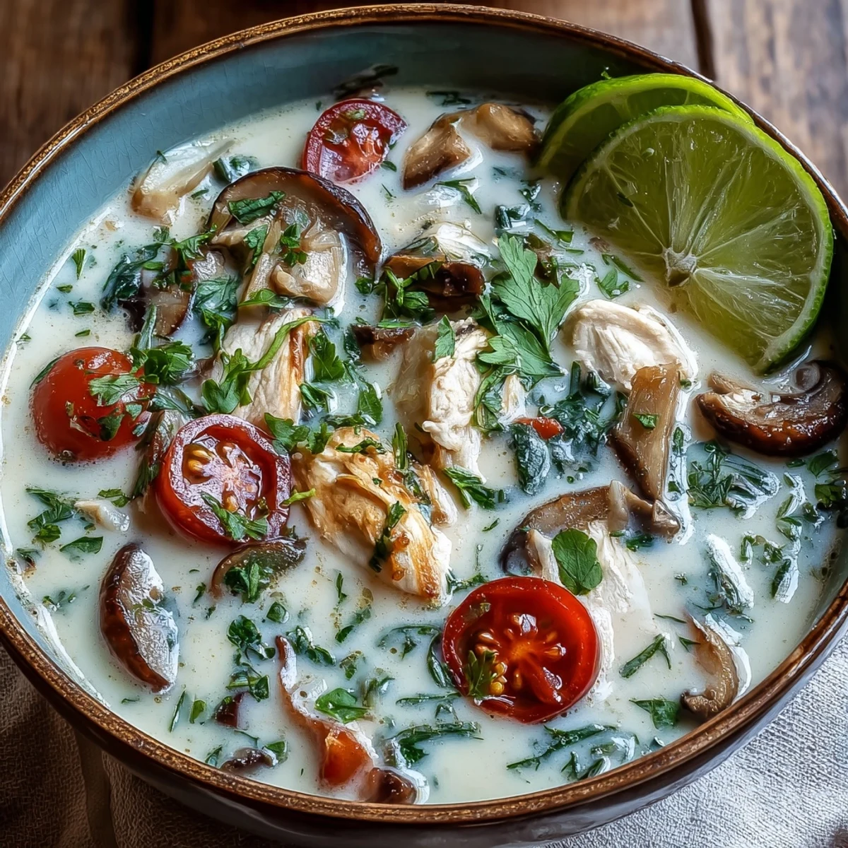 A spoon dipping into creamy Best Ever Tom Kha Gai Soup with coconut milk, lime wedges, and chili slices.
