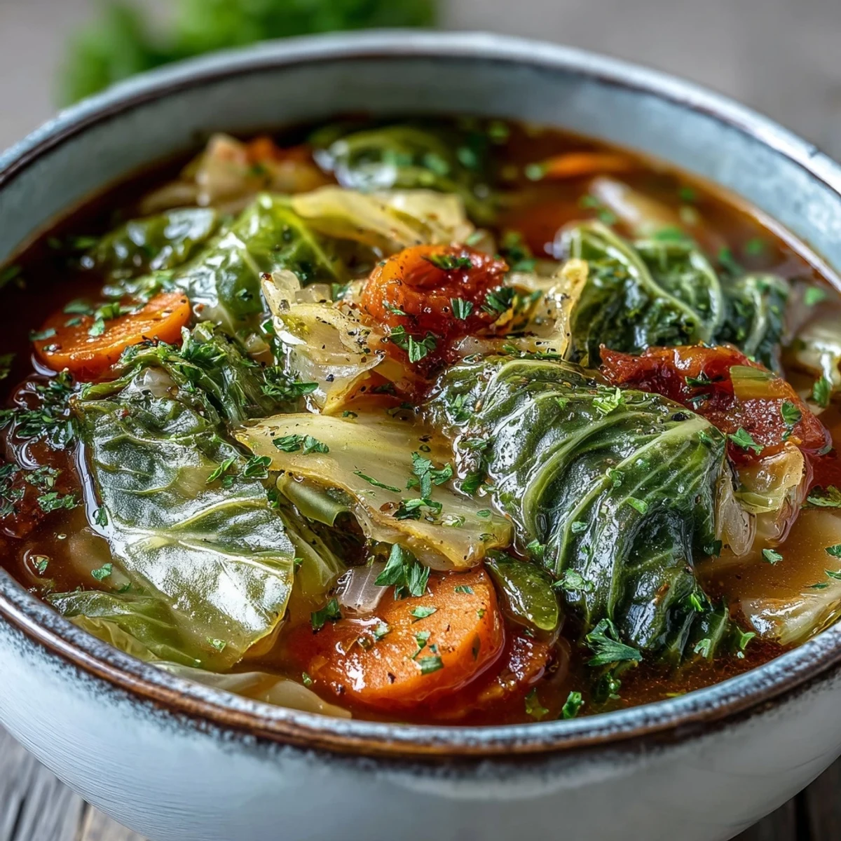 Classic Cabbage Soup steaming in a rustic bowl, topped with fresh parsley, ready to enjoy on a cozy day.