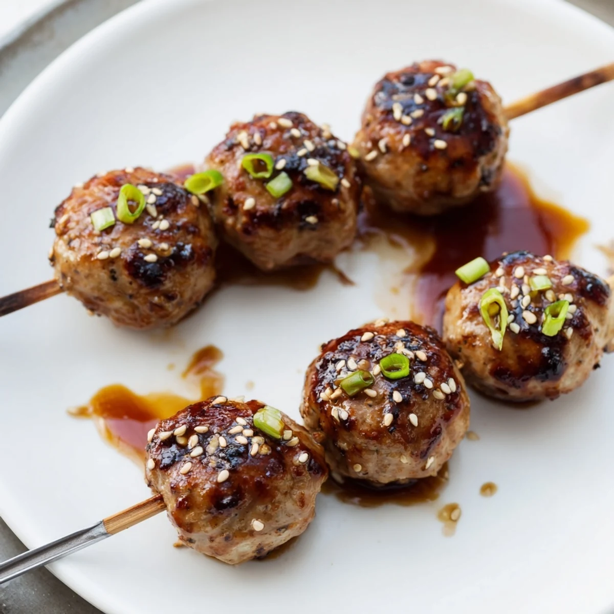 Tender Japanese yakitori meatball skewers glistening with sweet-savory glaze, ready to savor.  