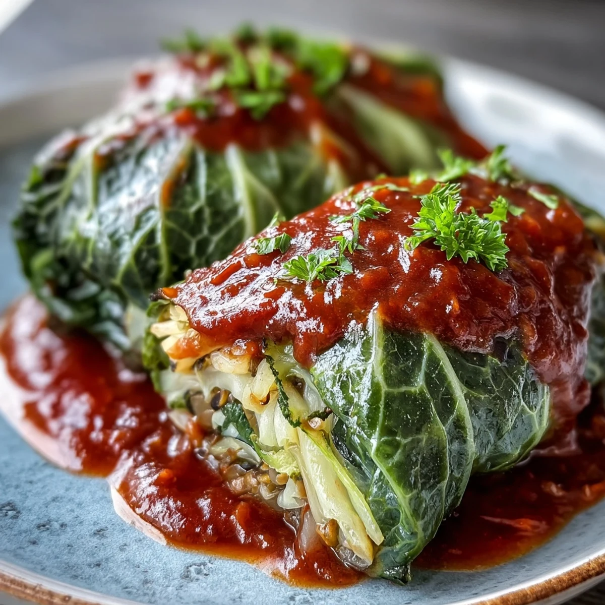 Golden-brown Baked Vegan Cabbage Rolls bubbling with rich tomato sauce in a ceramic baking dish.