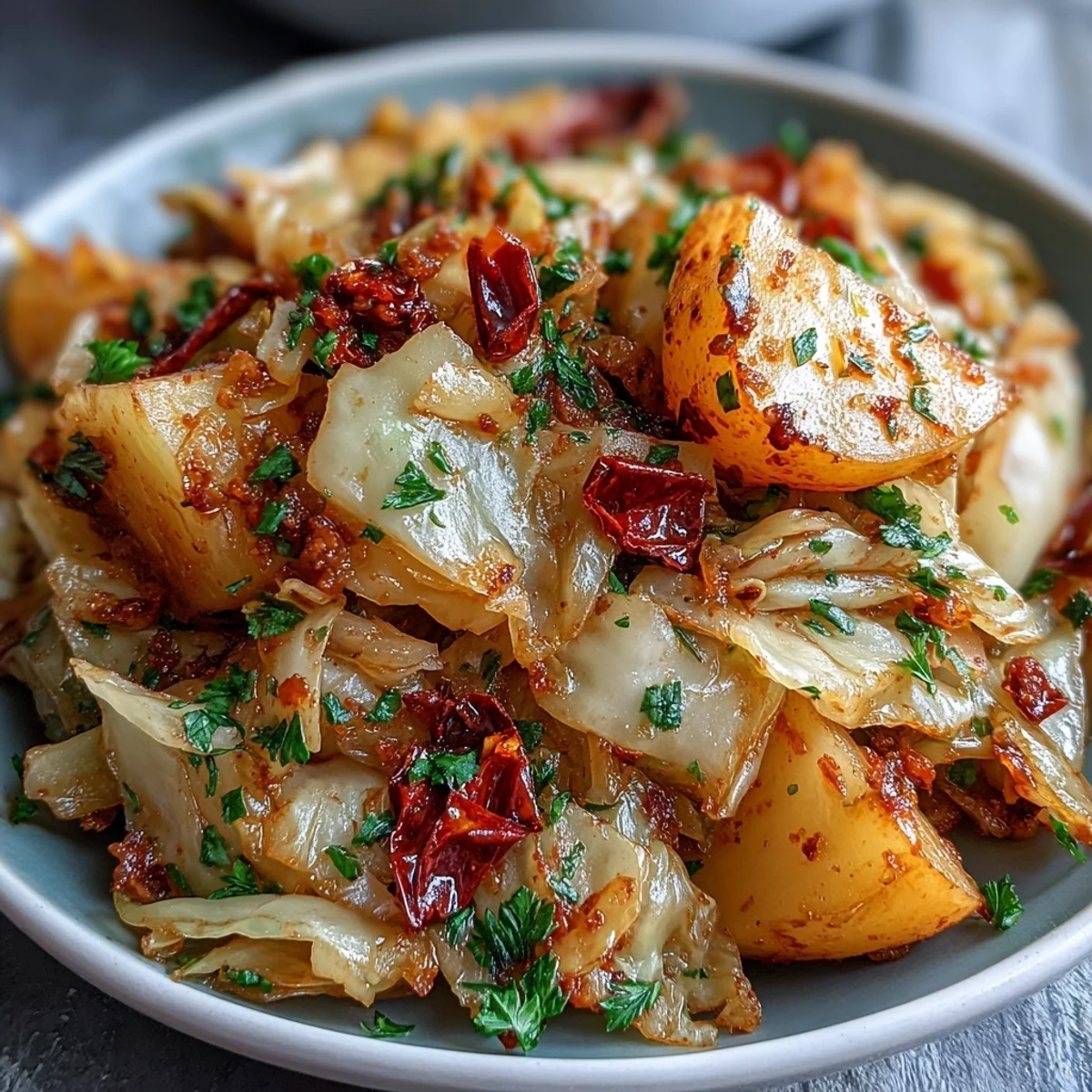 Steaming bowl of Braided Cabbage With Potatoes and Chili with fresh parsley garnish.
