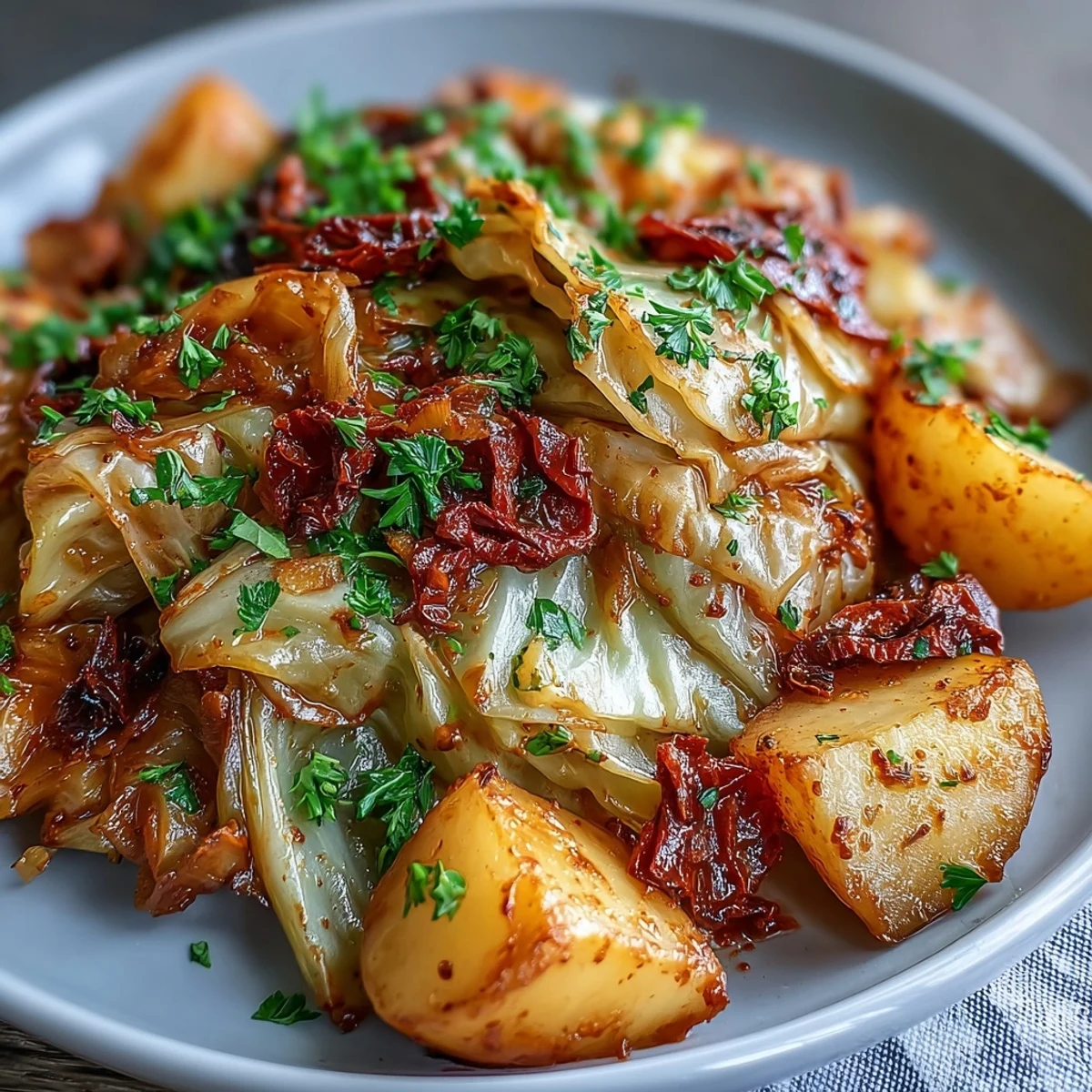 Tender chunks of potato and green cabbage braised in chili spices in a rustic Dutch oven.