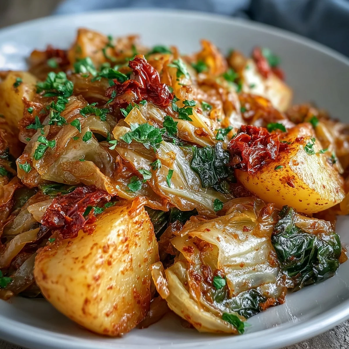 Hearty vegetarian Braided Cabbage With Potatoes and Chili served with lemon wedges and crusty bread.