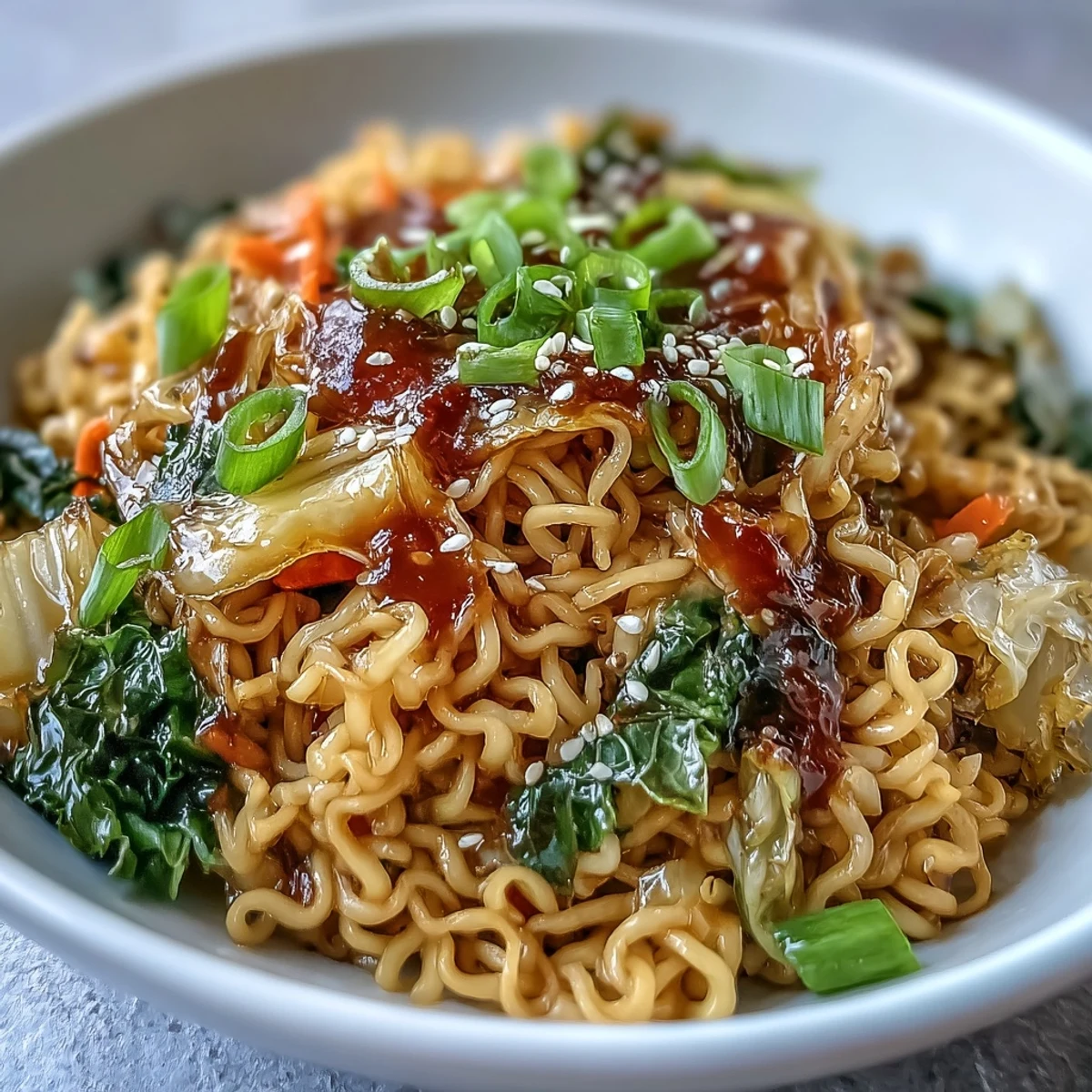 Crispy Fried Cabbage Ramen with chewy noodles and carrots in a savory ginger-garlic sauce in a hot skillet.