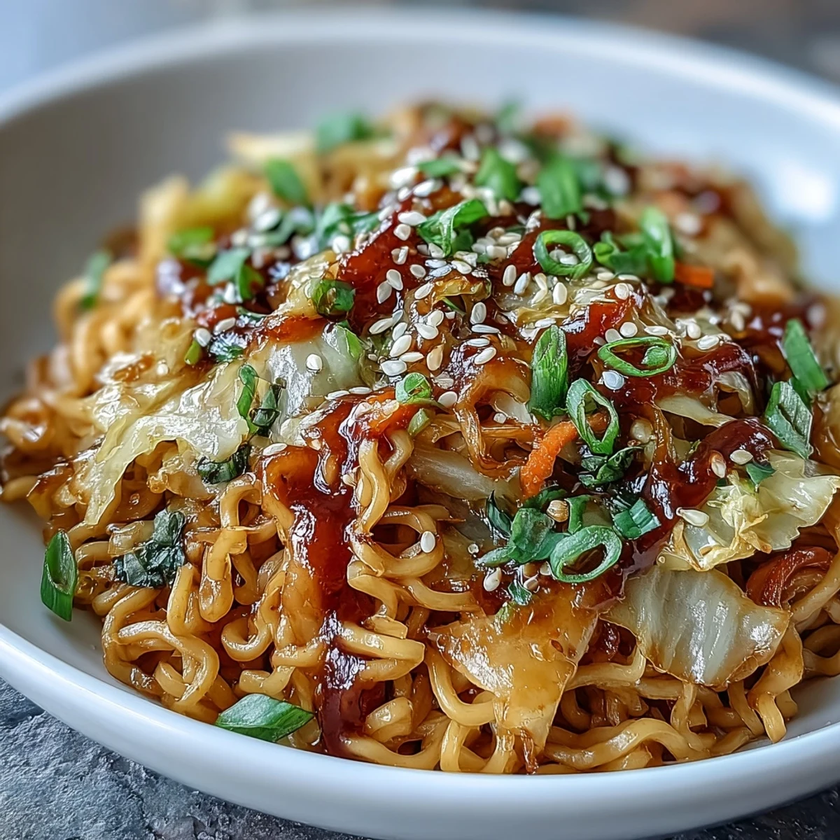A close-up of Fried Cabbage Ramen topped with green scallions, showing crunchy textures for an Asian fusion weeknight meal.