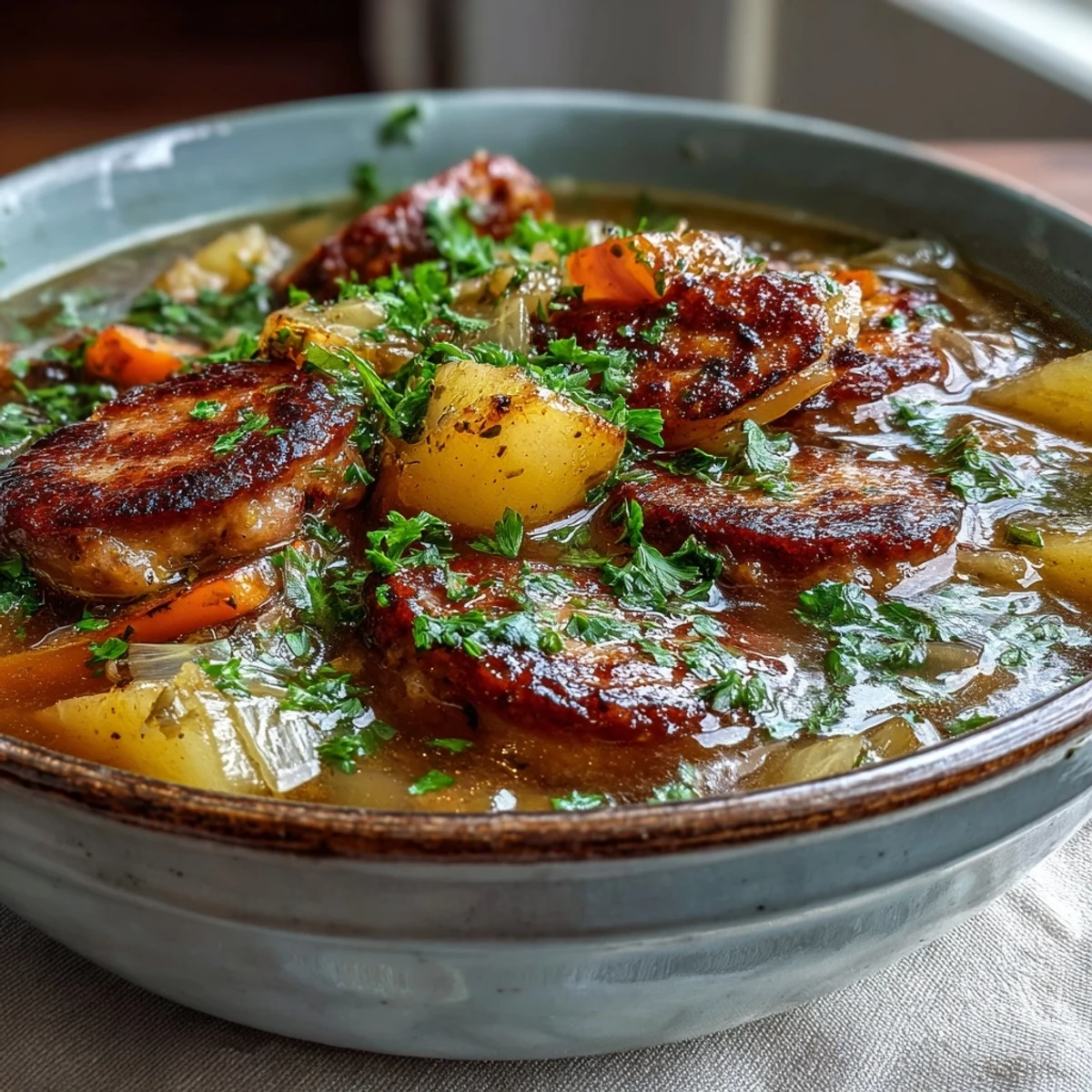 Hearty Sausage, Potato and Cabbage Soup steaming in a rustic bowl, topped with fresh parsley for a cozy lunch.