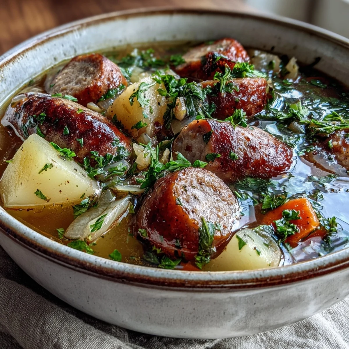 Thick slices of smoked sausage and tender potatoes in a golden broth, a steaming bowl of Sausage, Potato and Cabbage Soup.