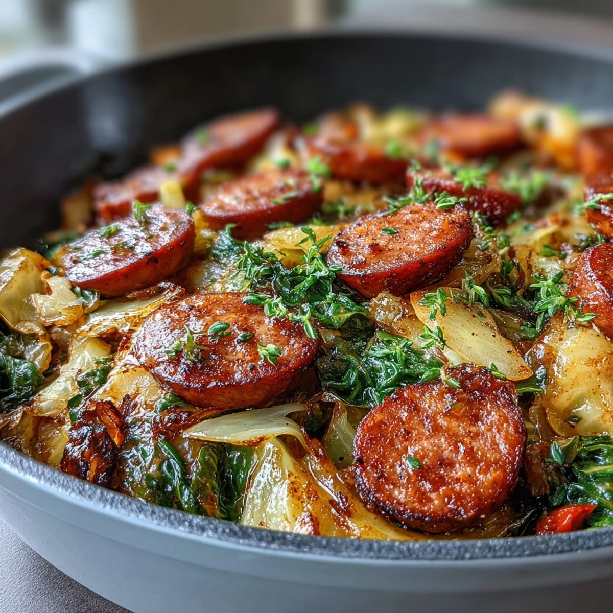 Rustic Smothered Cabbage With Sausage Skillet served steaming hot, ideal alongside crusty bread for a Southern-inspired meal.