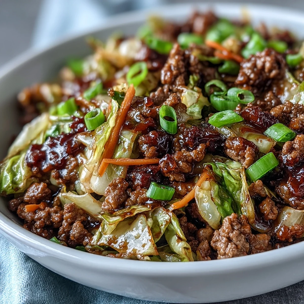 Hearty Chinese Ground Beef and Cabbage Stir-Fry served hot from the wok, garnished with fresh green onions for a flavorful weeknight dinner. 