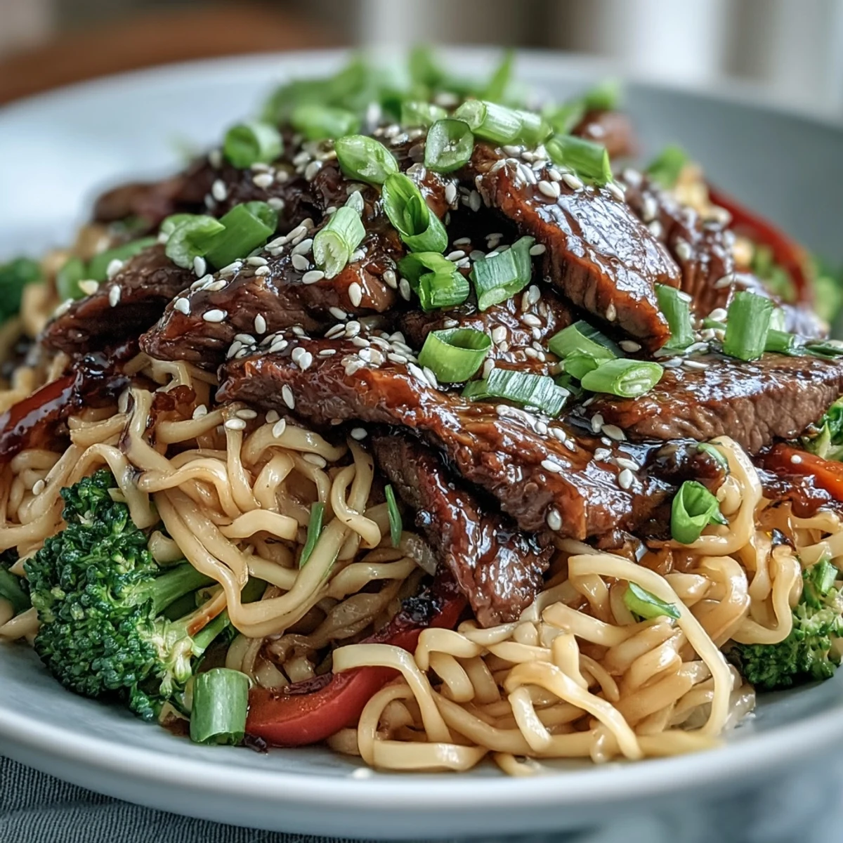 A skillet of Korean Beef Noodles featuring sizzling flank steak and crisp vegetables tossed with rice noodles for a weeknight dinner.