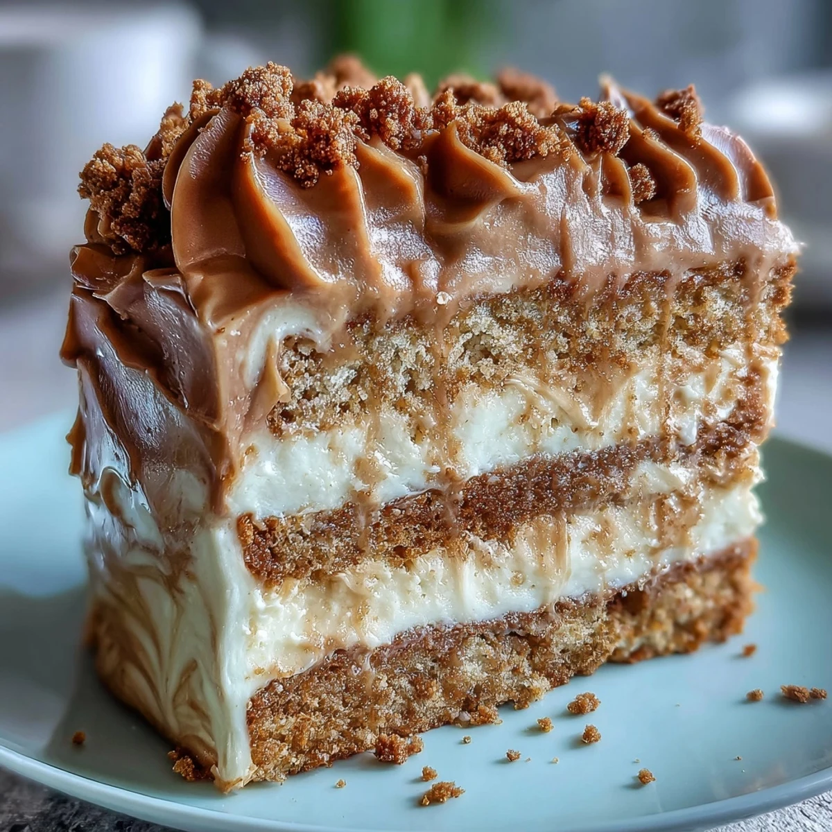 A slice of Decadent Baked Biscoff Cake showing fluffy sponge and rich caramel frosting swirl. 