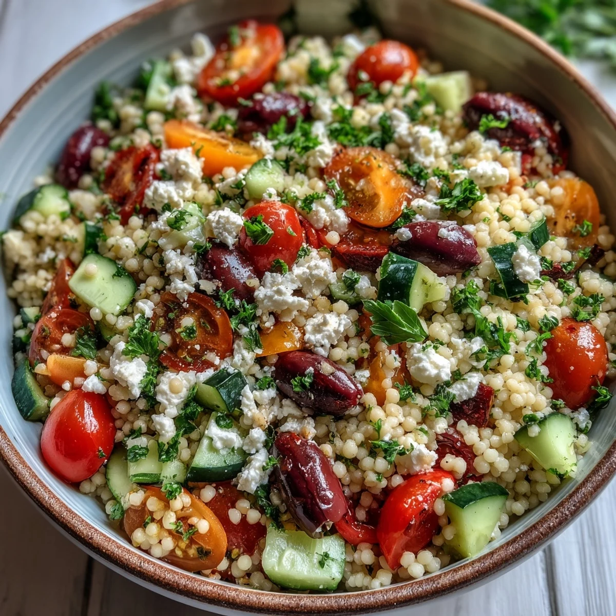 Mediterranean Pearl Couscous salad with crumbled feta, kalamata olives, and chopped parsley tossed in a glistening oregano vinaigrette.