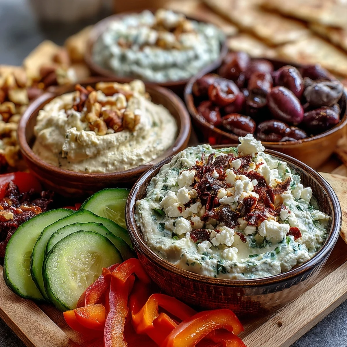 Vibrant Mediterranean Brunch Board with Dips and Flatbreads, featuring creamy hummus and smoky baba ganoush on a rustic wooden platter.