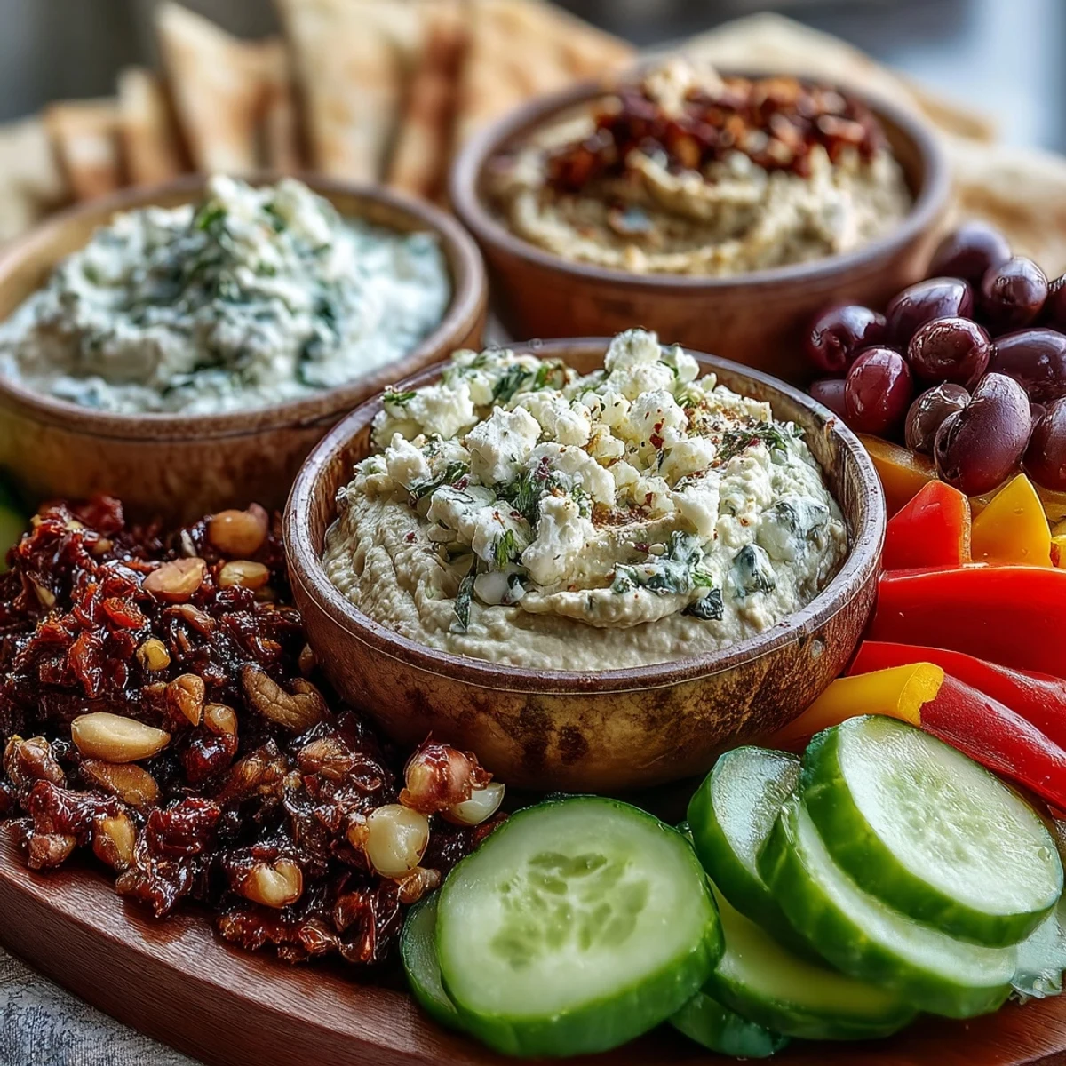 Fresh cucumbers, tomatoes, and feta cheese surround bowls of tangy tzatziki alongside crisp flatbreads for a delicious vegetarian appetizer spread.