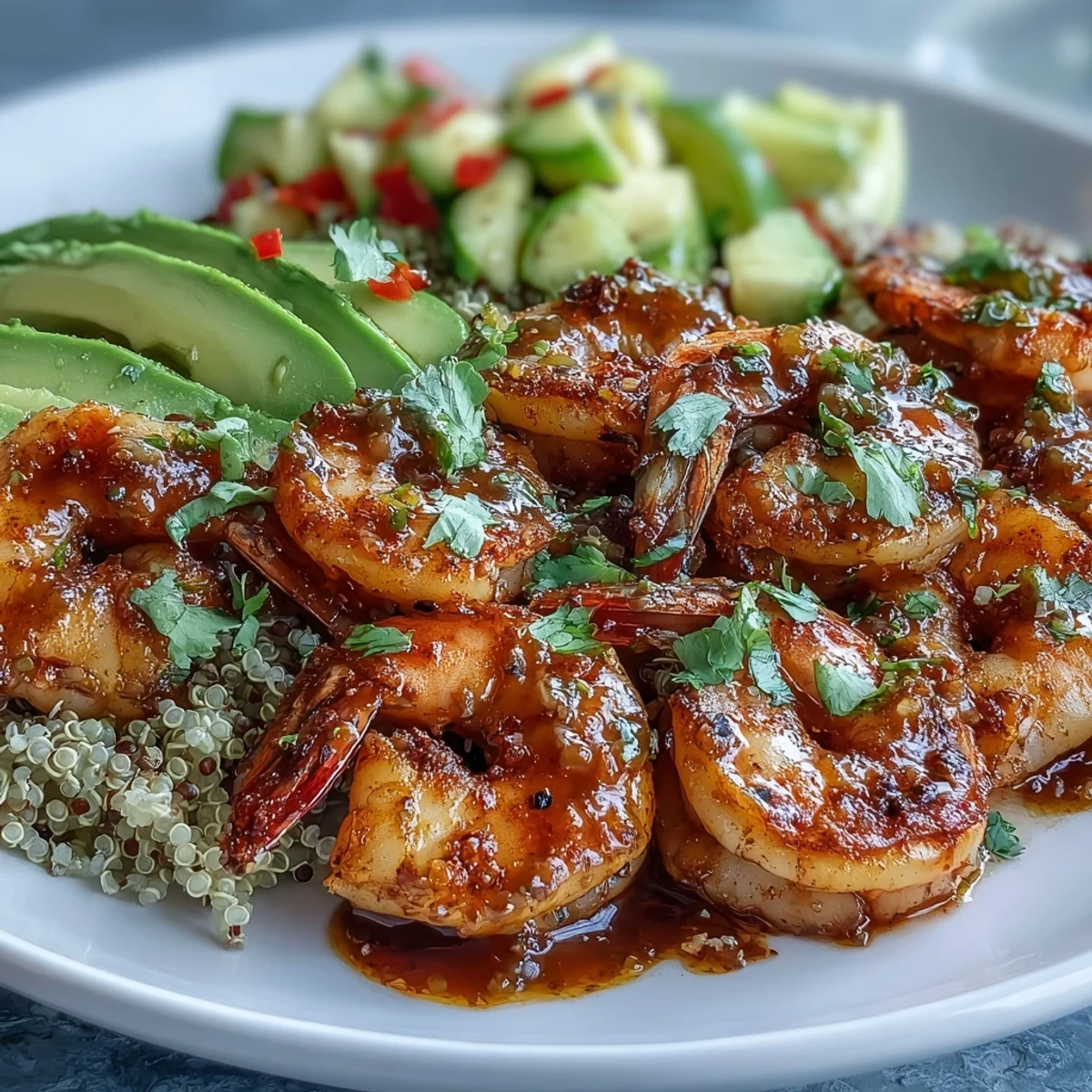 Grilled shrimp, sliced avocado, and bright mango salsa top a bowl of fluffy quinoa with creamy lime chili sauce.