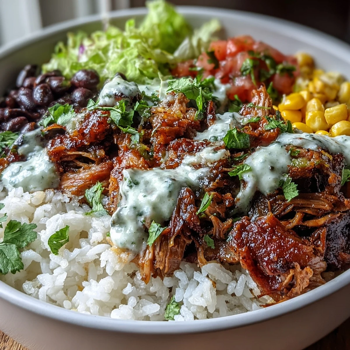 Tender slow-cooked carnitas top fluffy rice, black beans, and sweet corn in a vibrant Carnitas Burrito Bowl.  