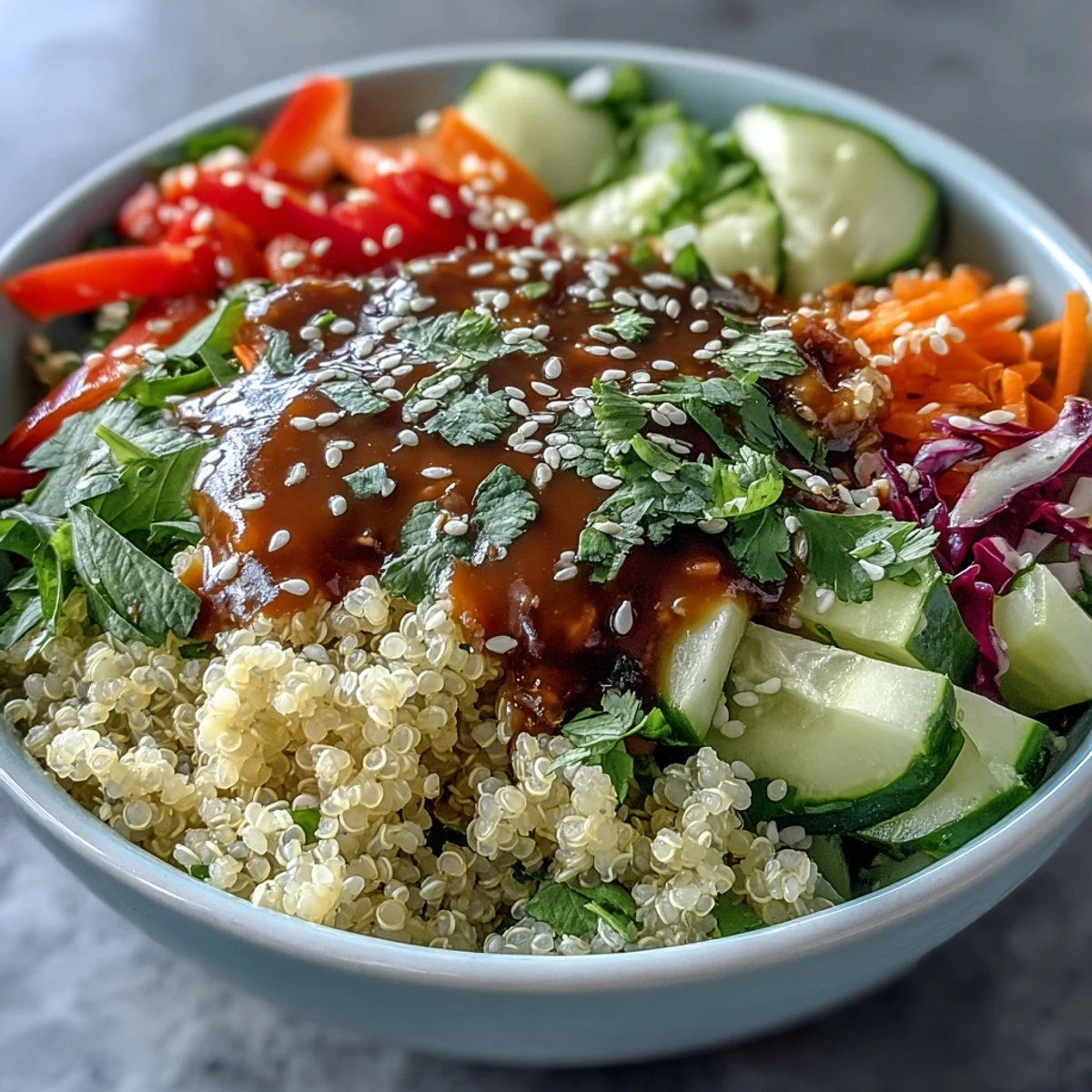 Ready-to-eat Thai Coconut Quinoa Bowl garnished with cilantro and sesame seeds on a white plate.