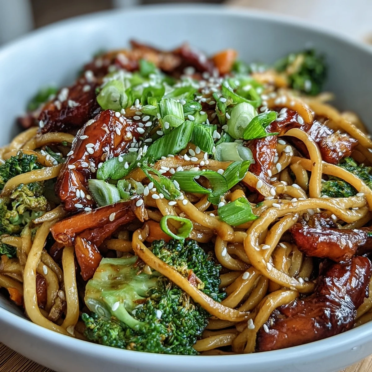 Tossed egg noodles in a glossy teriyaki sauce, loaded with crisp broccoli and carrots, sprinkled with sesame seeds.  