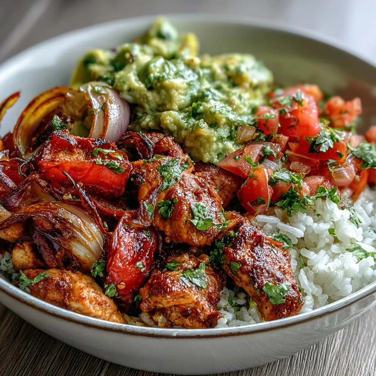Golden roasted sheet pan chicken tinga with vibrant red and yellow bell peppers sits atop fluffy white rice, garnished with zesty avocado salsa and lime wedges.  