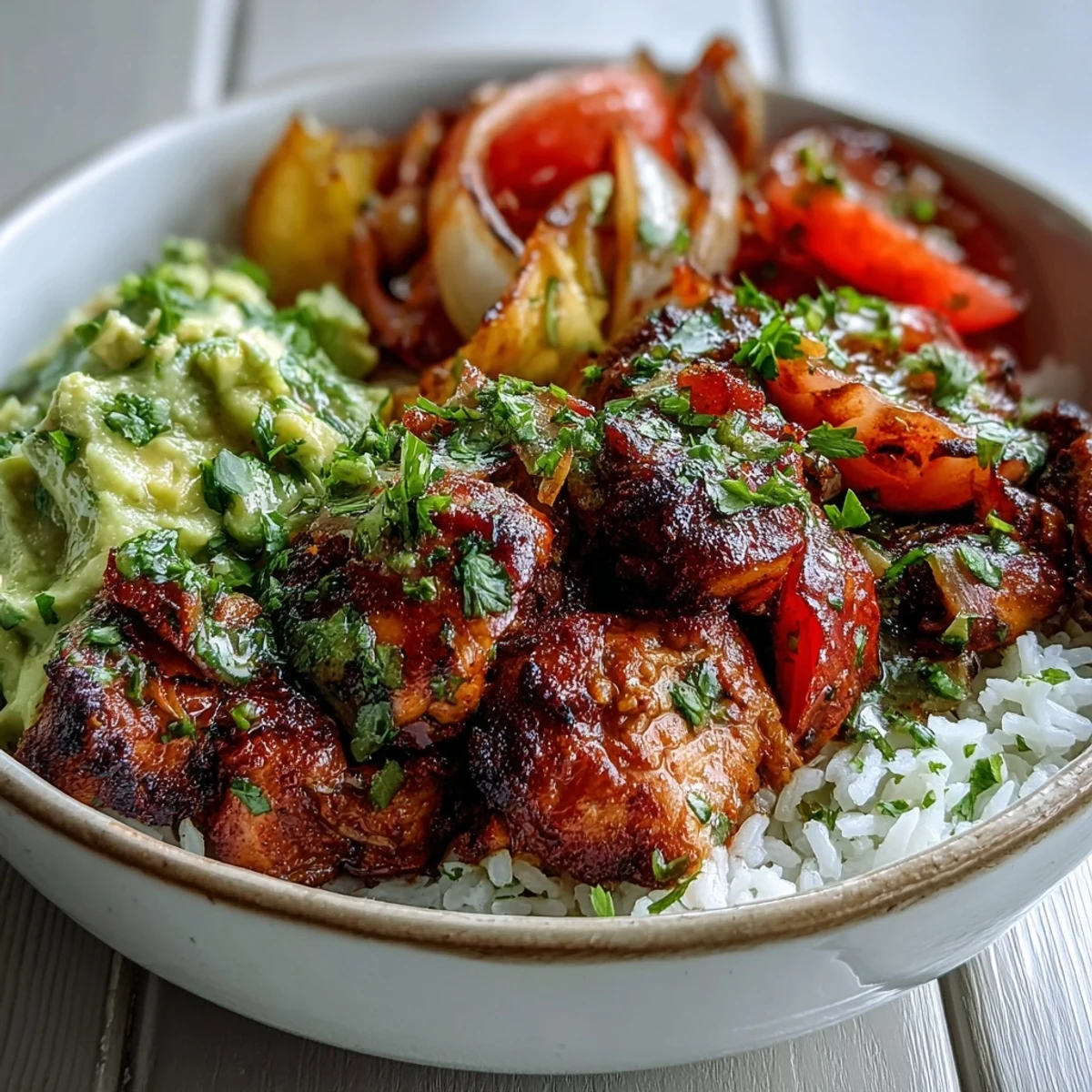 A hearty bowl of smoky chipotle-spiced chicken tinga, roasted veggies, and creamy avocado salsa, ready for a flavorful weeknight dinner.  