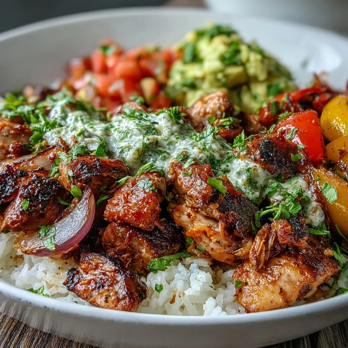 Fluffy rice base supporting tender, charred sheet pan chicken tinga, topped with fresh avocado salsa and a sprinkle of cilantro.
