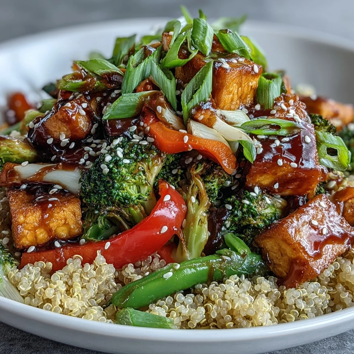 Fluffy quinoa base topped with stir-fried vegetables and crispy tofu in a savory teriyaki glaze.