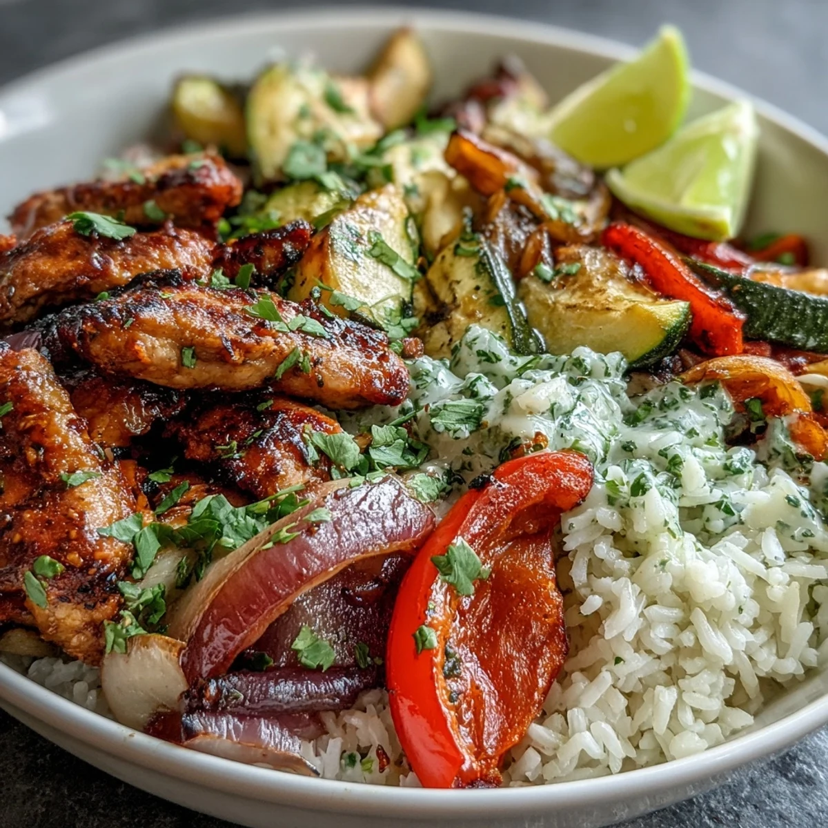 A close-up view of a Sheet Pan Fajita Bowl topped with fresh avocado slices, cilantro, and lime wedges.  