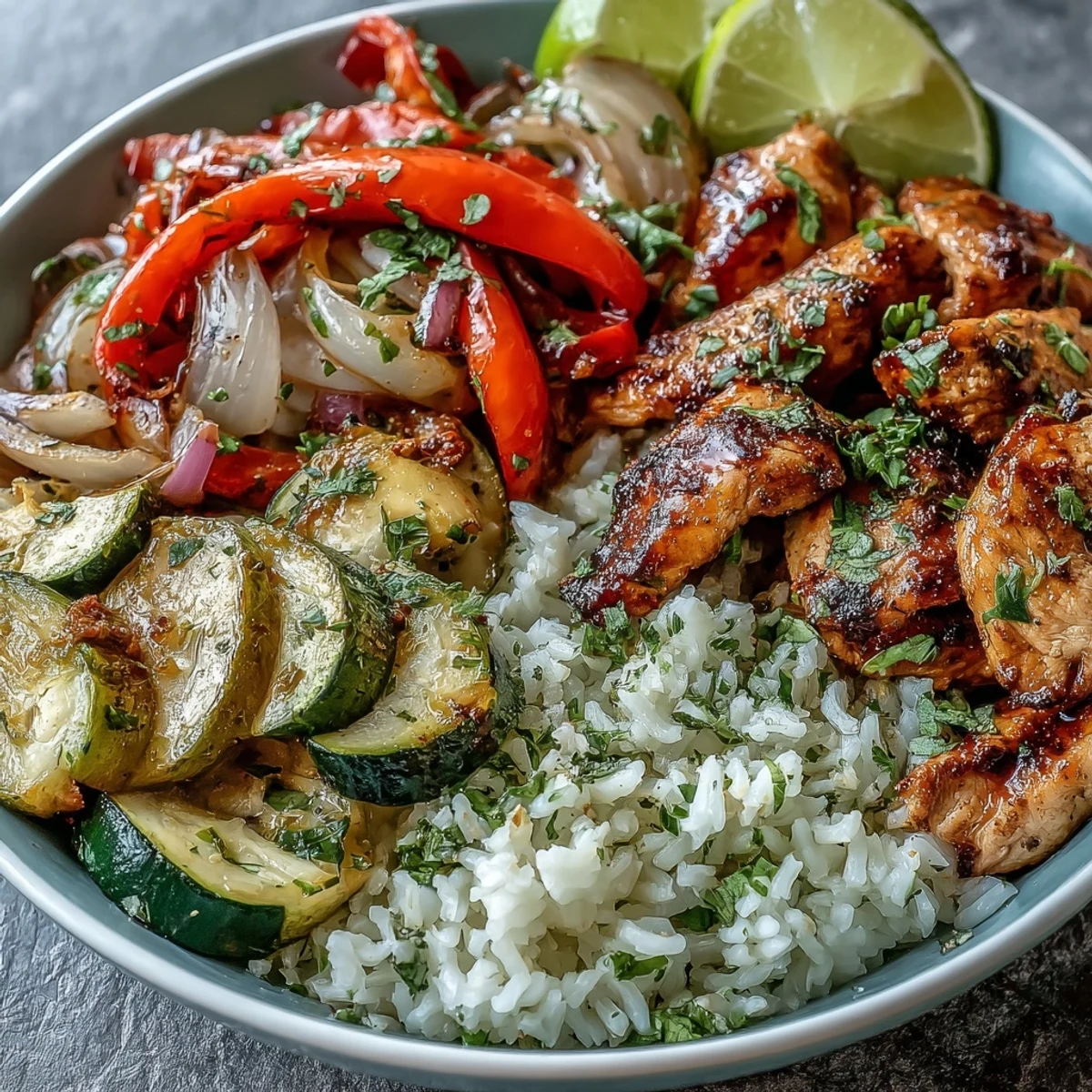 Sizzling Sheet Pan Fajita Bowl ingredients ready to serve, featuring colorful vegetables and tender seasoned chicken.