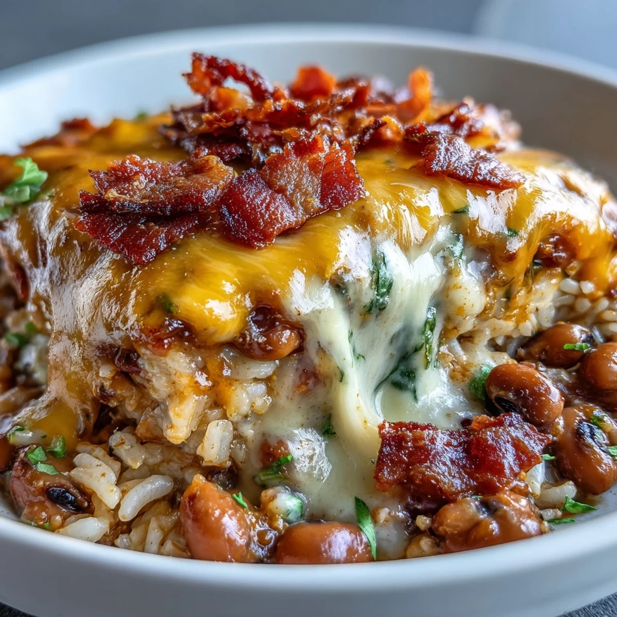 Golden Tex-Mex Black Eyed Pea Casserole with melted cheddar and crispy bacon bits.