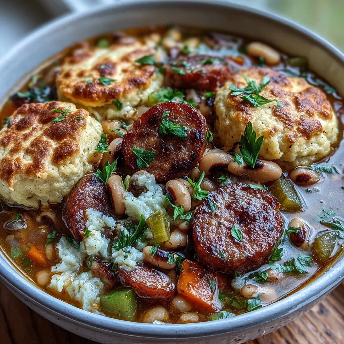 Southern-style Black-Eyed Peas and Sausage Dumplings steaming in a Dutch oven, featuring tender peas and sausage in a rich broth.