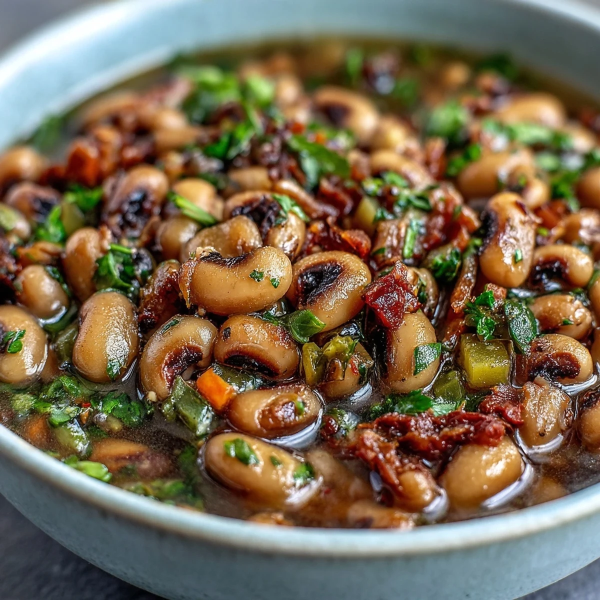 A bowl of steaming Black-Eyed Peas With Smoked Turkey, served with fresh parsley and a dash of hot sauce next to cornbread.