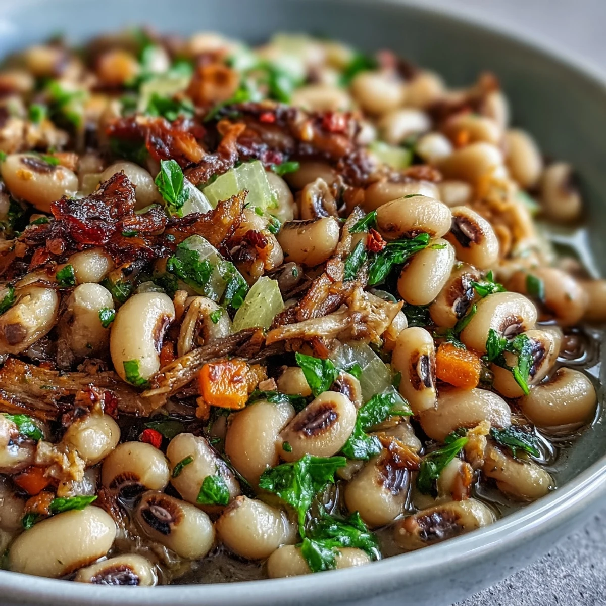 Close-up of a spoon lifting Black-Eyed Peas With Smoked Turkey, revealing the rich, smoky broth and hearty vegetables.