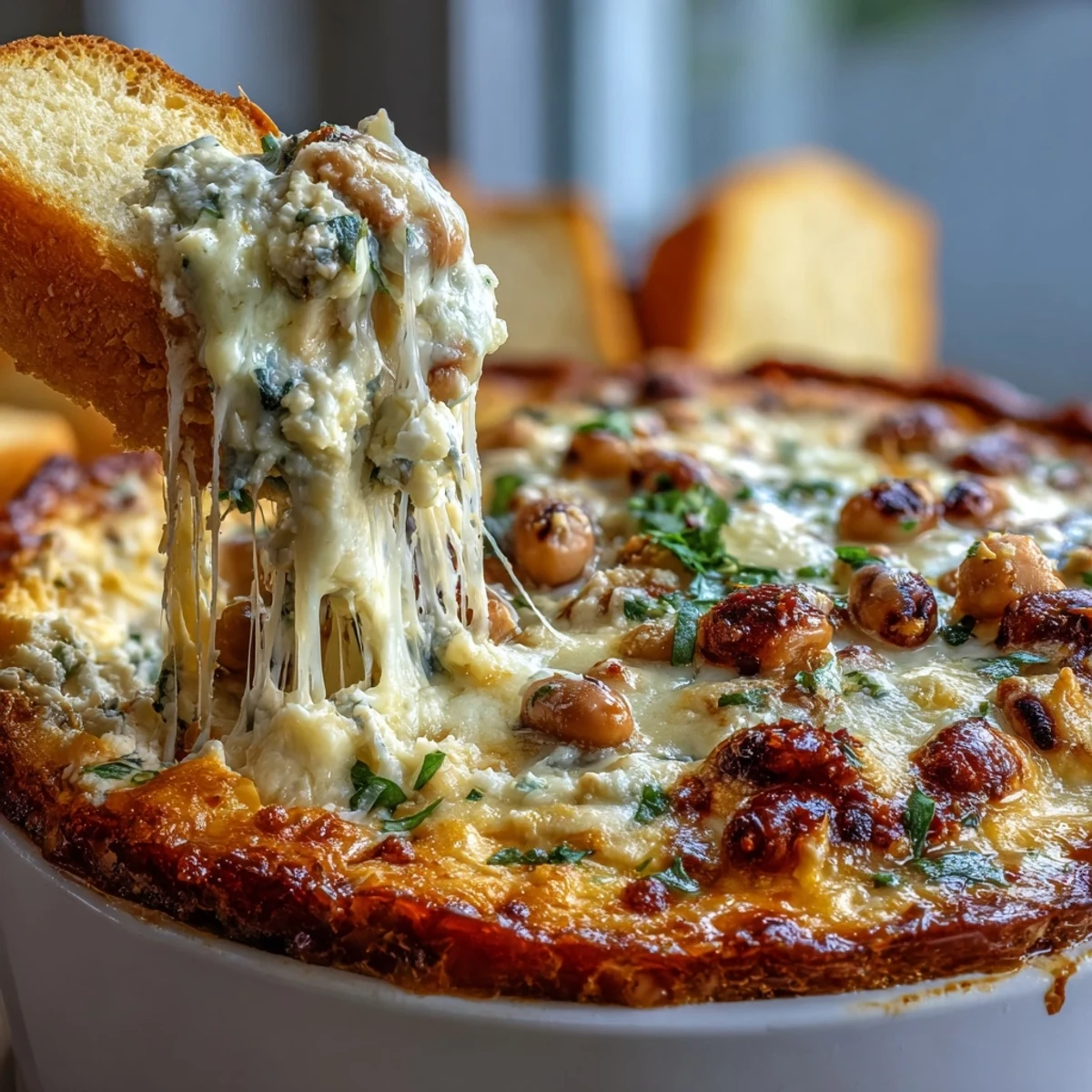 Golden, bubbly cheddar tops a warm, creamy Hot Black-Eyed Pea Dip, garnished with green onions and served with tortilla chips.