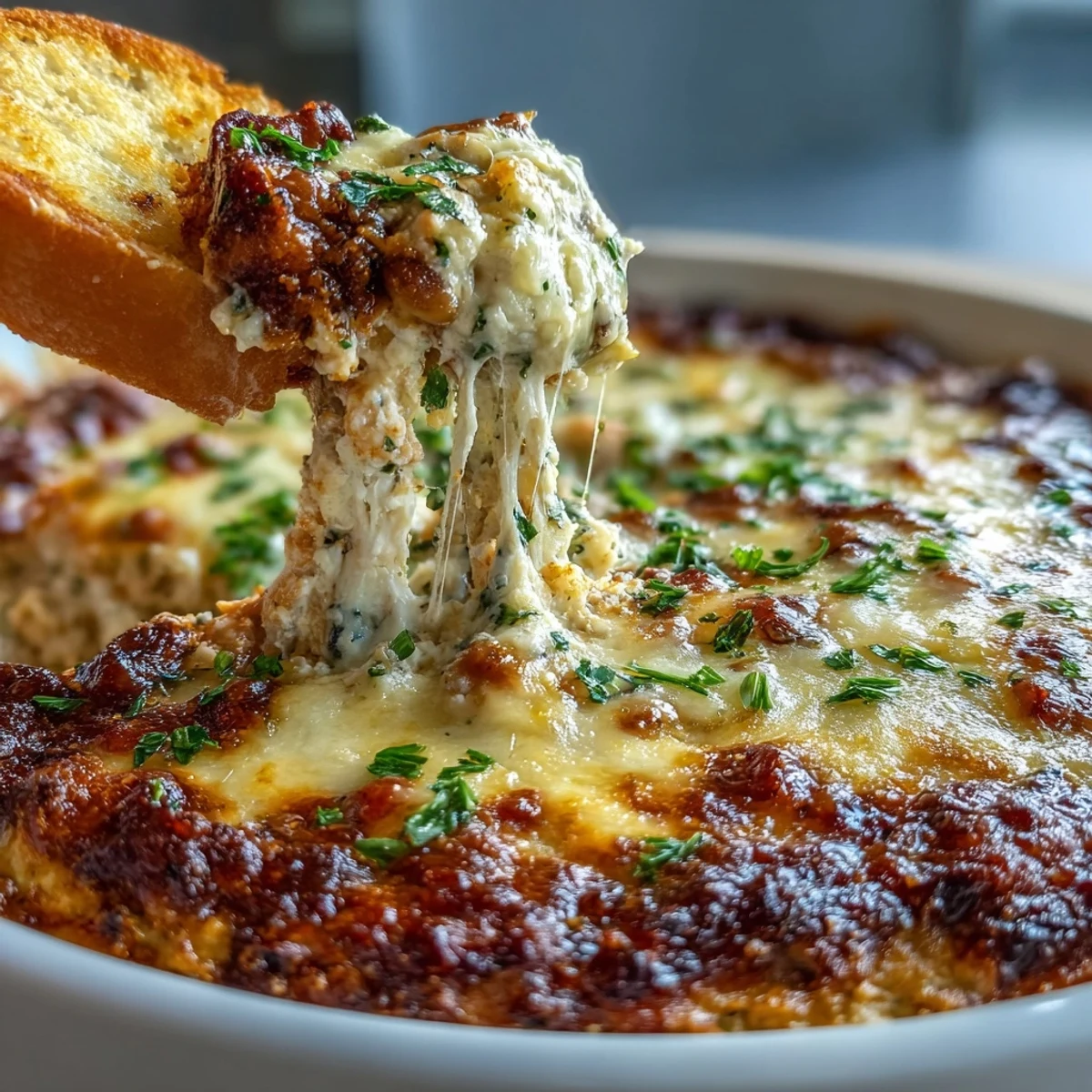 Freshly baked Hot Black-Eyed Pea Dip sits beside colorful vegetable sticks and chips, ready for a party appetizer spread.