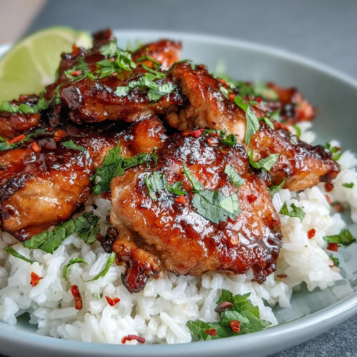 Juicy Spicy Maple Chicken and aromatic coconut rice on a plate with lime wedges and a drizzle of glaze.
