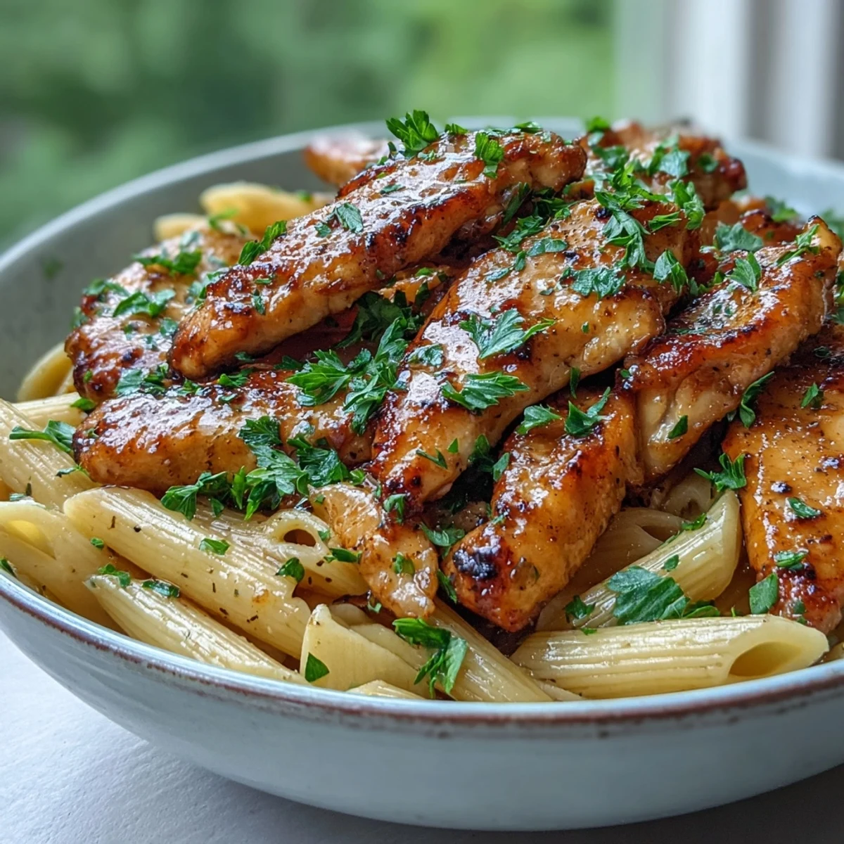 Close-up of Honey Pepper Chicken Pasta garnished with parsley, showing saucy noodles and juicy chicken, with optional Parmesan on the side.